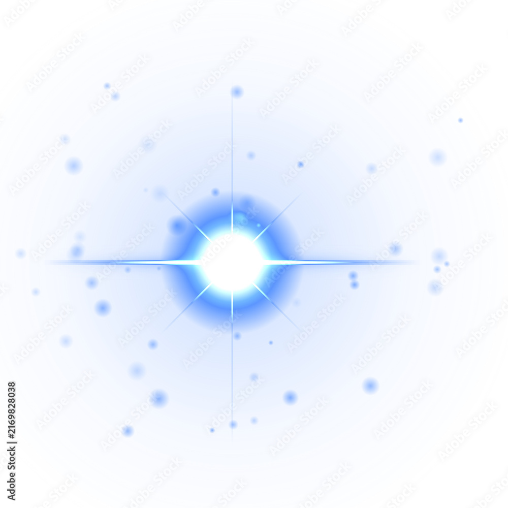 Fototapeta premium A vibrant blue circular featuring a bright central starburst with radiating light beams and scattered floating white particles