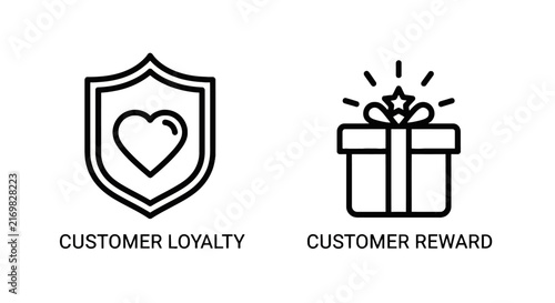 Customer loyalty and customer reward outline icon vector set with gift box business marketing protection pictogram commerce relation purchase