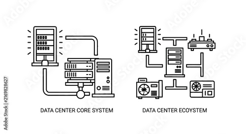 Plakat Data center core system and infrastructure ecosystem line art vector set with server rack computer hardware server icon tech system cloud computin