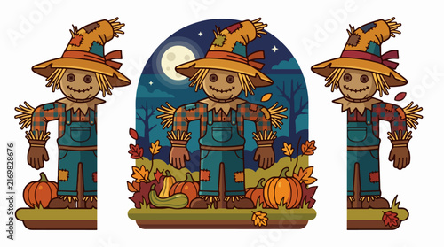 Three Scarecrows in Autumn Harvest Scene