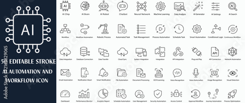 AI Automation And Workflow Editable Stroke Icon Set, Artificial Intelligence Technology, Machine Learning, Robotic Process, Business Process Automation, Data Integration And Digital Workflow Vector Co