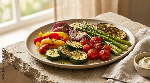 Grilled mixed vegetables on a plate with asparagus peppers zucchini and tomatoes on a table. grilled vegetable medley