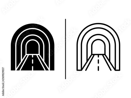 Outline and black fill icon set showing road tunnel entrance and highway structure with entrance