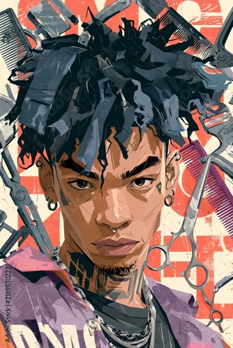 Fashionable barber character portrait surrounded by scissors, razors, combs and styling tools, bold graphic illustration with urban streetwear aesthetic.