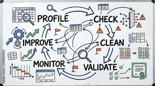 Business process flow chart drawn on a whiteboard illustrating data management and quality control steps.
