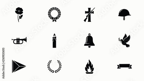 Fotografie Black and white icons representing symbols of remembrance and commemoration in a