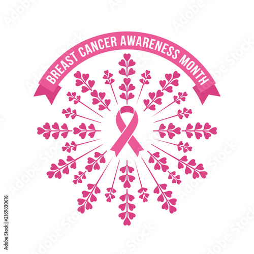 Breast Cancer Awareness Ribbon with Heart Floral Wreath Vector