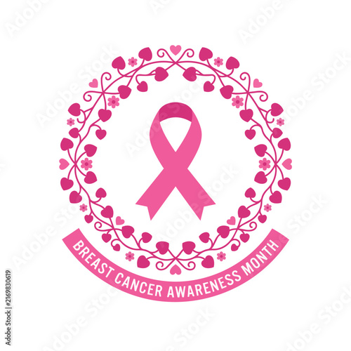 Breast Cancer Awareness Ribbon with Heart Floral Wreath Vector