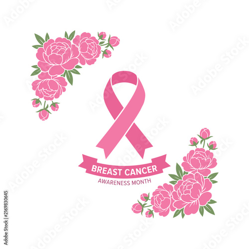 Breast Cancer Awareness Ribbon with Heart Floral Wreath Vector