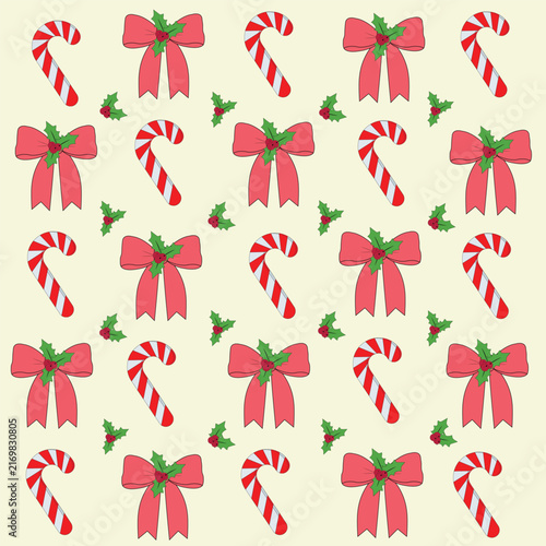 Seamless pattern with pink Christmas bows, candy canes and holly leaves, festive winter holiday vector background