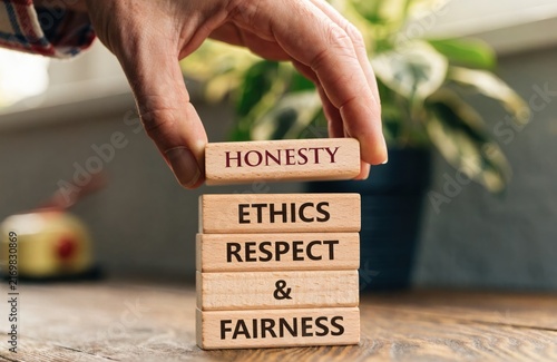 Corporate Values Honesty Ethics Fairness Wood Blocks.