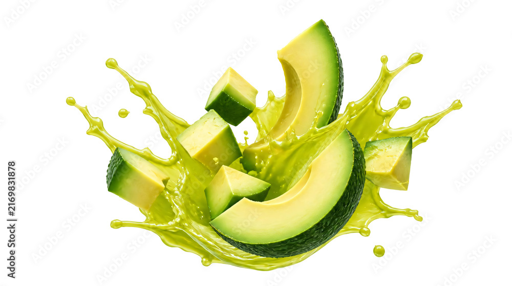 Naklejka premium A juice splashing and avocado isolated on transparent background
