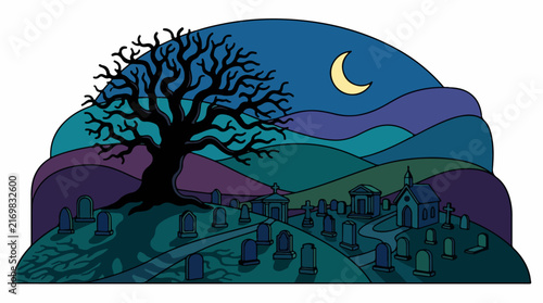 Haunted Cemetery Under Moonlit Sky with Chapel