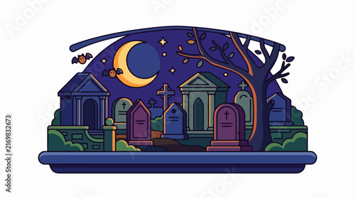 Spooky Halloween Cemetery Scene at Night