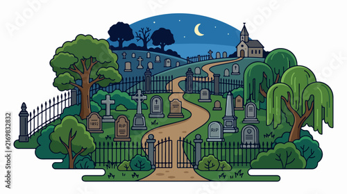 Haunted Cemetery Under Moonlight with Church