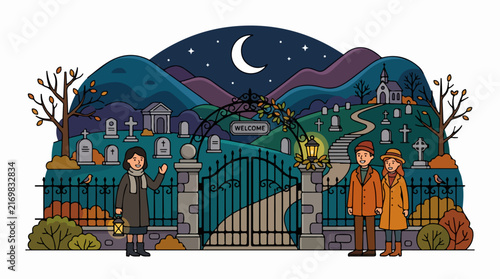 Haunted Cemetery Scene with Visitors at Night