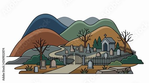 Mountain cemetery with chapel and gravestones