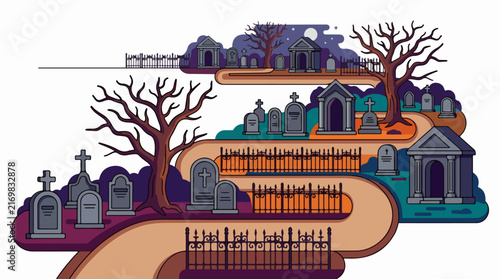 Spooky Graveyard with Tombstones and Mausoleums