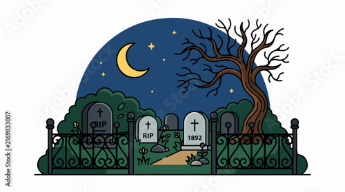 Spooky graveyard under a crescent moon night