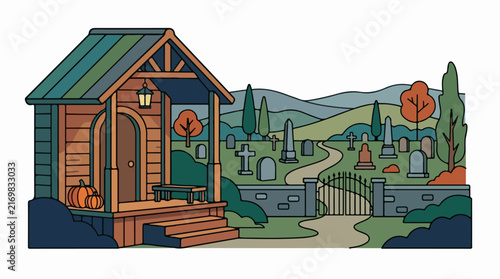Haunted house with graveyard and autumn trees