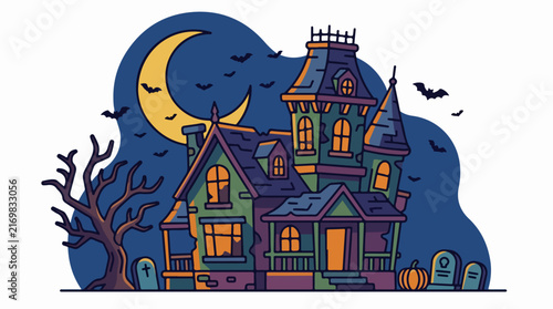 Haunted House with Full Moon and Bats