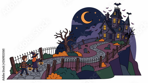 Kids Trick or Treating on Spooky Halloween Night