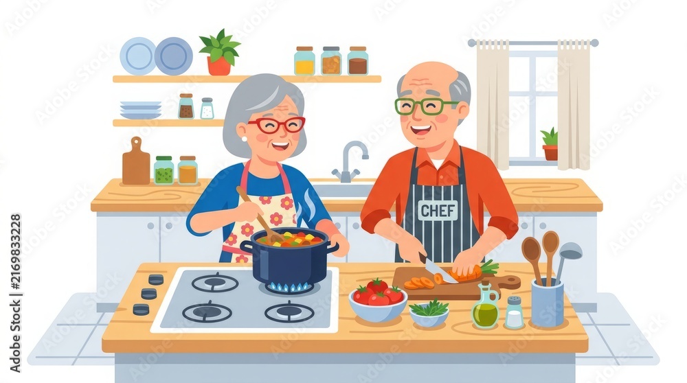Fototapeta premium Elderly Couple Flat Color Vector Illustration Isolated on White Background