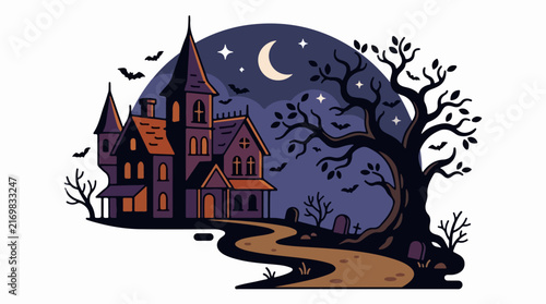 Haunted mansion under a full moon with bats