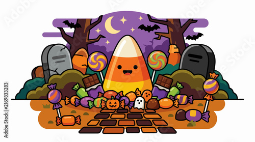 Halloween candy corn with spooky treats scene