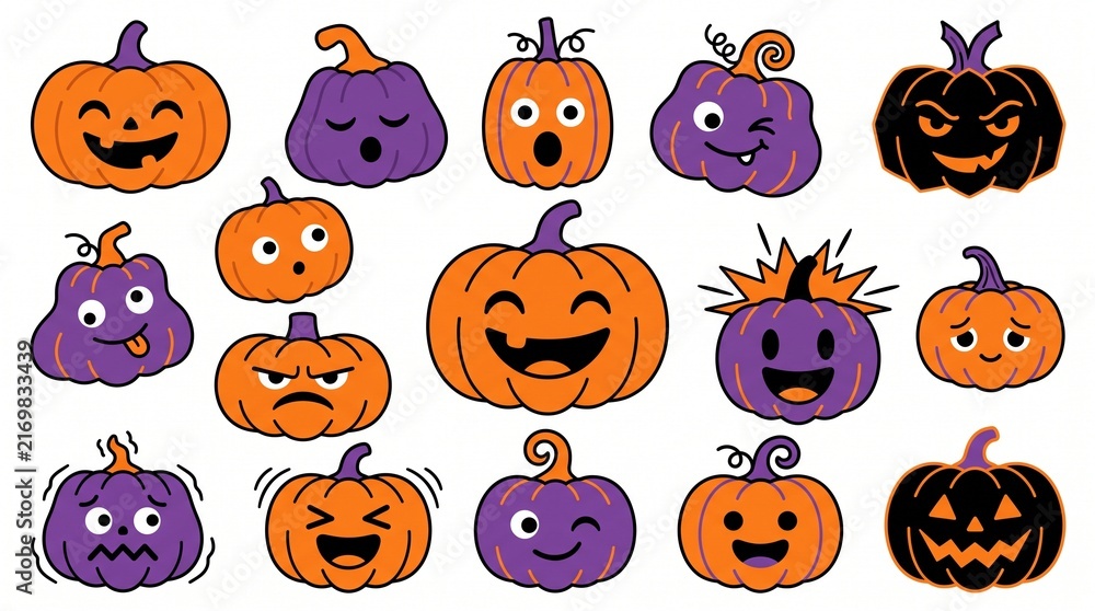 Obraz premium Set of cute cartoon pumpkin faces with various funny expressions for halloween isolated on a white background