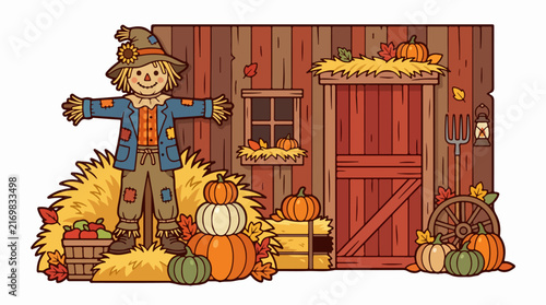 Scarecrow with Pumpkins and Autumn Harvest Scene