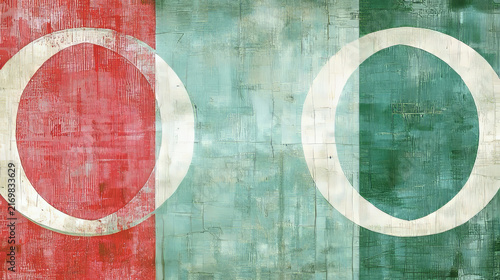 Distressed abstract painting featuring large white circles on textured red and green backgrounds, vintage style, weathered surface, artistic grunge effect, modern wall art