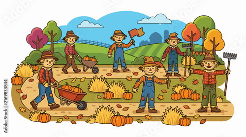Scarecrows Harvesting Pumpkins in Autumn Field