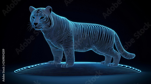 Glowing tiger outline neon blue lines abstract animal silhouette futuristic style digital art standing pose dark background modern design illuminated creative concept