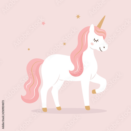 Standing unicorn illustration with a pink mane and tail, golden horn, and pastel colors. Magical fantasy character resting peacefully, ideal for nursery decor, children’s designs, stickers, and print