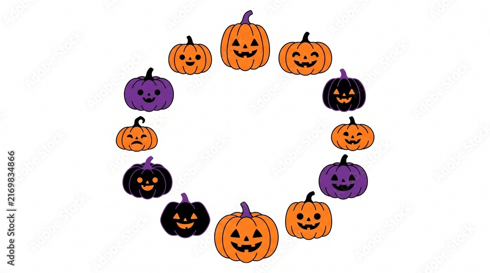 Fototapeta premium Set of cute colorful halloween pumpkin jack o lantern faces arranged in a circle isolated on white background