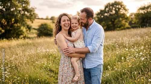 Happy family with young child laughing in a sunny meadow during golden hour sunset portrait