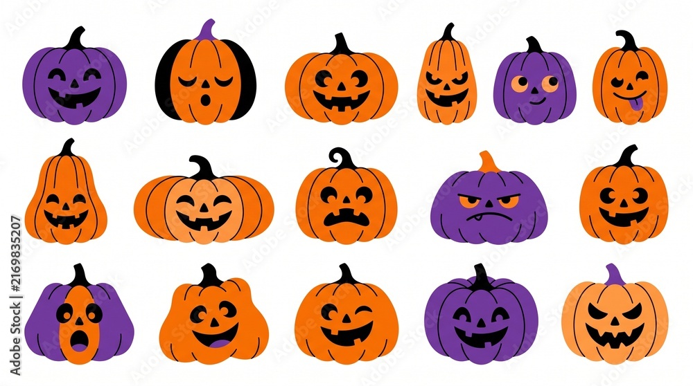 Fototapeta premium Set of cute orange and purple halloween pumpkins with funny faces isolated on a white background