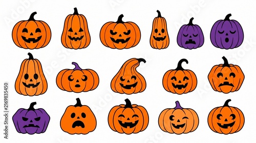 Set of cute and scary halloween pumpkin jack o lantern faces with various expressions isolated on white background
