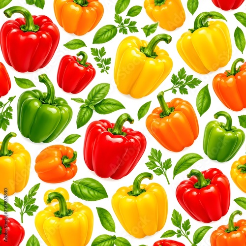 Seamless Pattern of Fresh Colorful Vegetables and Peppers on White Background