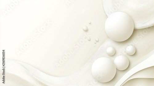 Minimalist abstract background with gradient circles, smooth beige waves, soft white spheres, and subtle texture, creating calm and elegant modern design