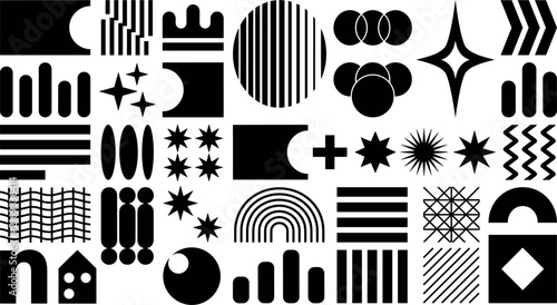 Abstract Brutalist Graphic Shape Elements and Y2K Style Silhouette Icon Set Featuring Stars Moons Geometric Patterns and Minimalist Lines for Modern Web Designs