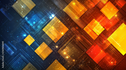 Abstract geometric background with glowing yellow orange and blue squares digital mesh lines and sparkling light effects creating vibrant futuristic and dynamic visual style