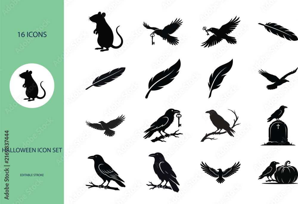 Fototapeta premium Halloween icon set featuring silhouettes of rats