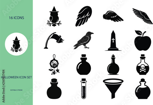 Halloween icon set featuring witch raven potion and spooky elements