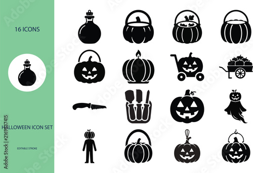 Halloween icon set featuring potion bottle cauldron pumpkin and costume elements