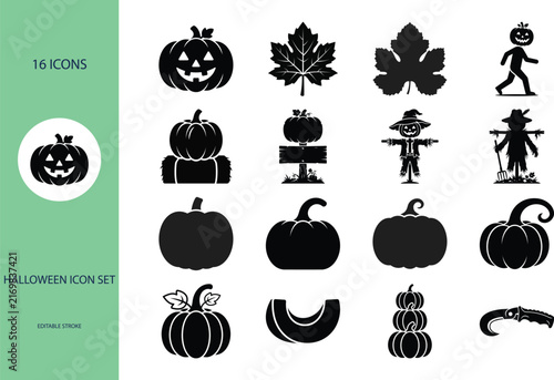 Halloween icon set featuring pumpkins leaves and scarecrows in silhouette style