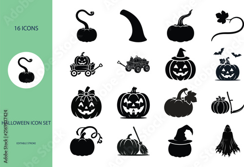 Halloween icon set featuring pumpkins witch hats and broom silhouettes