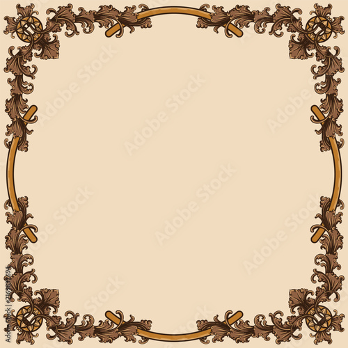 Decorative vintage baroque frame with floral ornament engraving illustration art