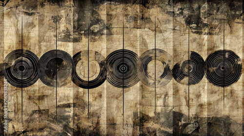 Hand drawn abstract pattern rhythmic cycle concentric circle grunge texture vintage background sepia tone artistic design distressed geometric creative art